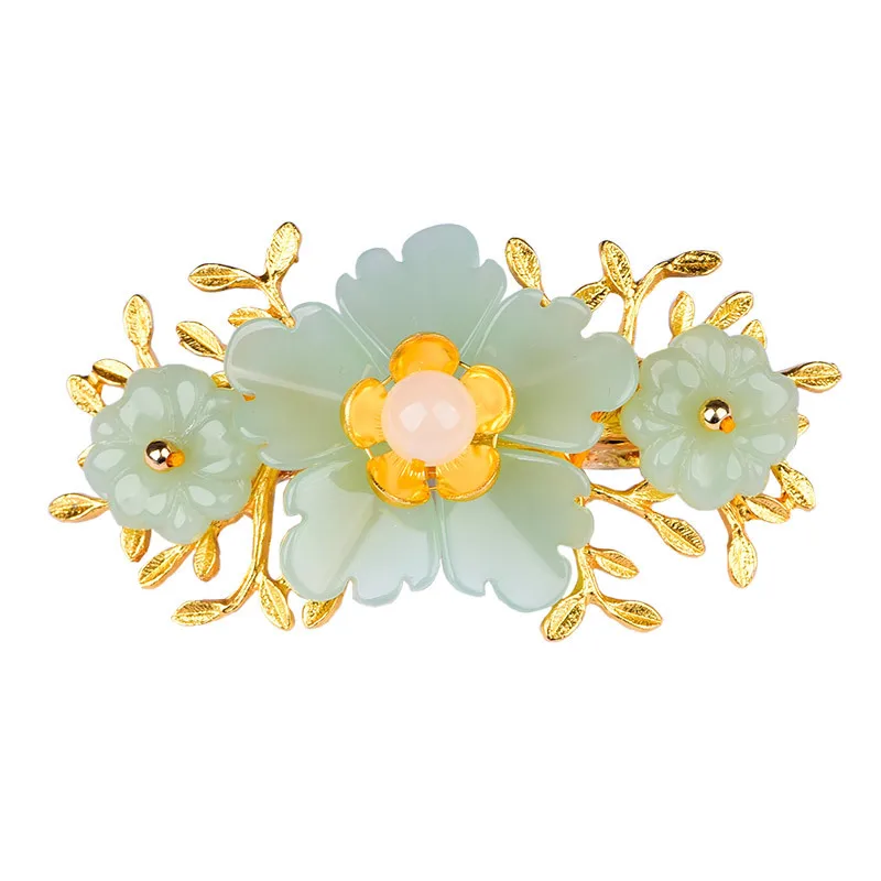 Gold Plated Jewelry - Yeşil yeşim çiçek Barrette tasarımcı firkete