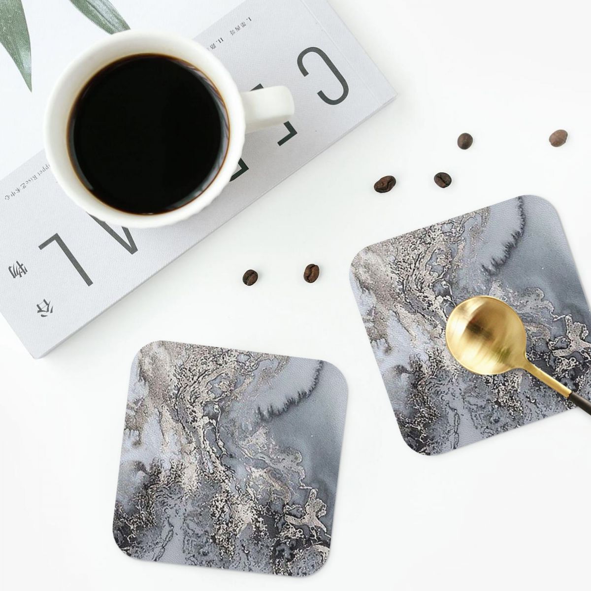Marble Coaster Set - Gri ve Gümüş Mermer Bardak Altlıkları